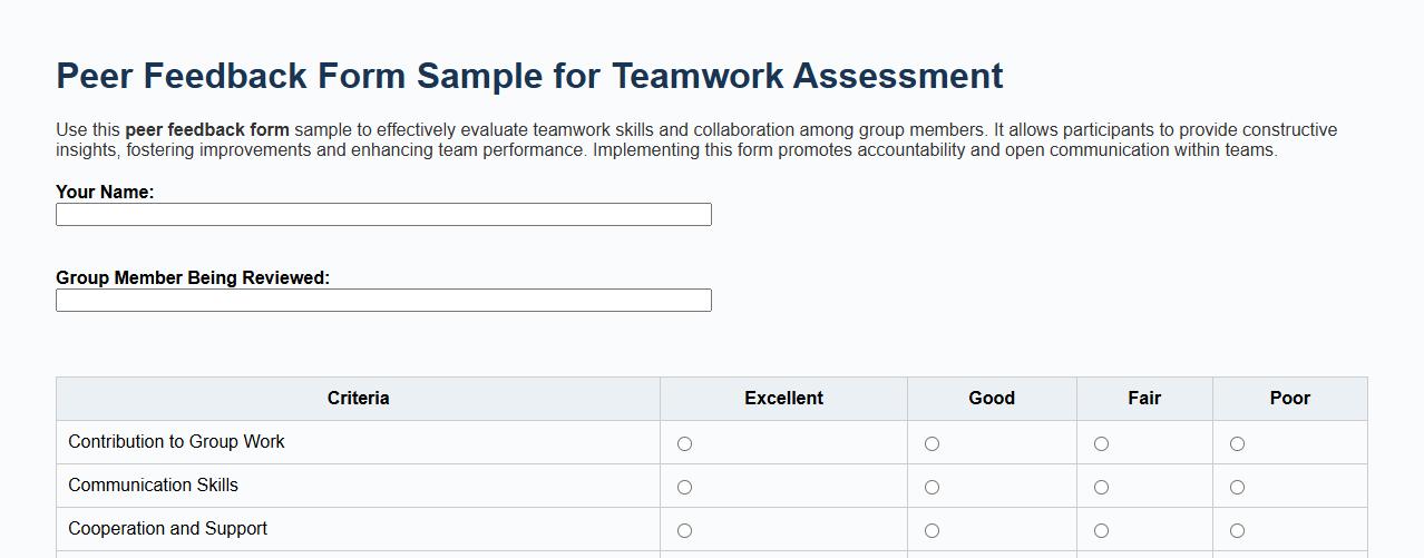 Peer feedback form sample for teamwork assessment image preview