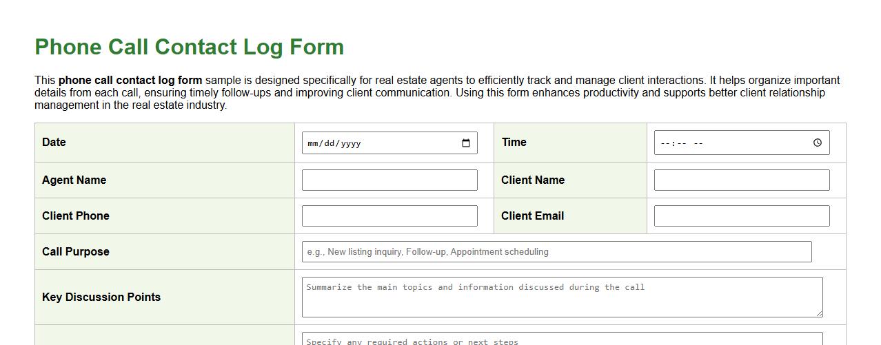 Phone call contact log form sample for real estate agents image preview