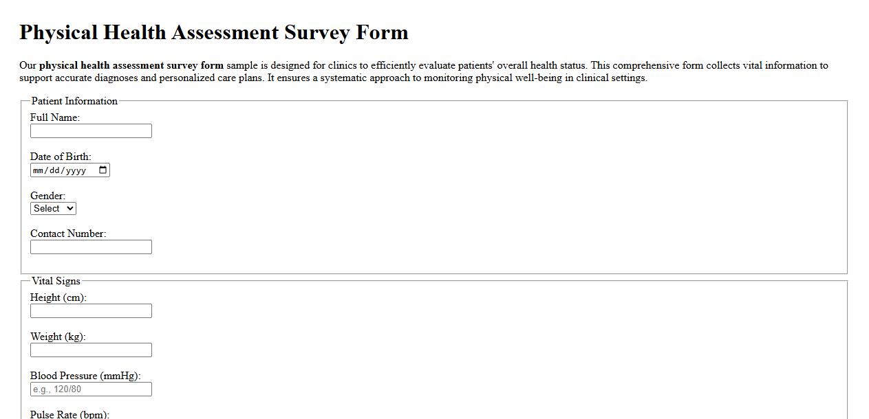 Physical health assessment survey form sample for clinics image preview