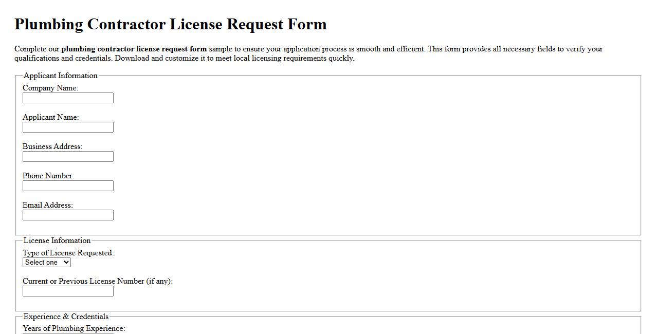 Plumbing contractor license request form sample image preview
