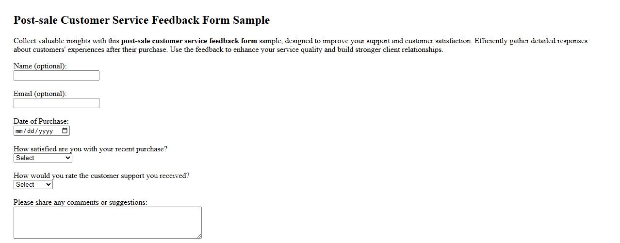 Post-sale customer service feedback form sample image preview