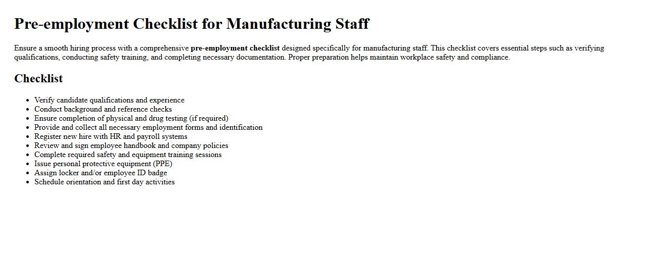 Pre-employment checklist for manufacturing staff image preview
