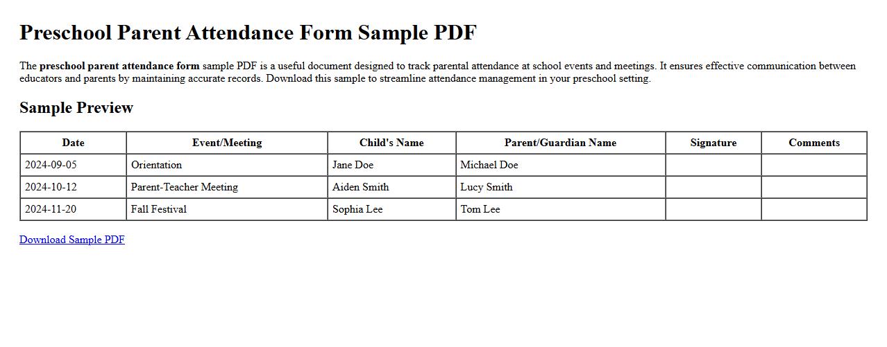preschool parent attendance form sample pdf image preview