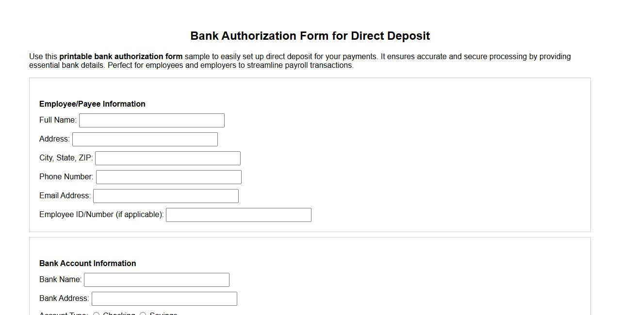 printable bank authorization form sample for direct deposit image preview