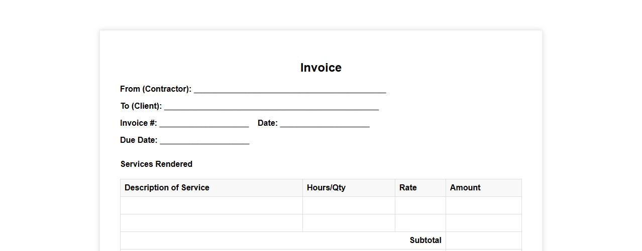 Printable blank invoice form sample for contractors image preview