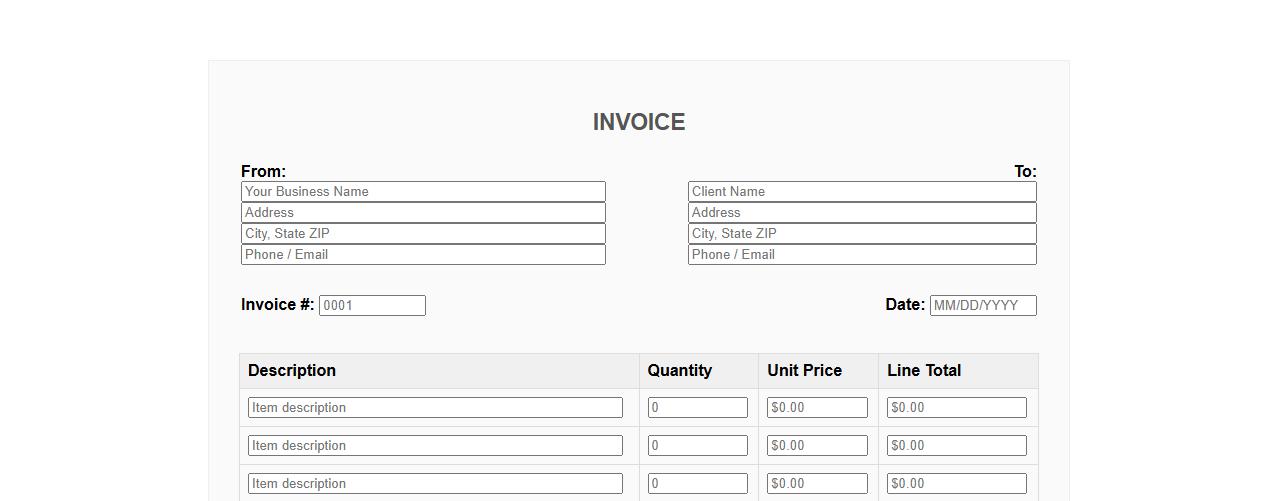 Printable blank invoice form sample with itemized list image preview