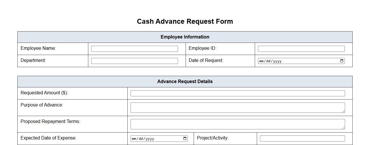 printable cash advance request form sample image preview