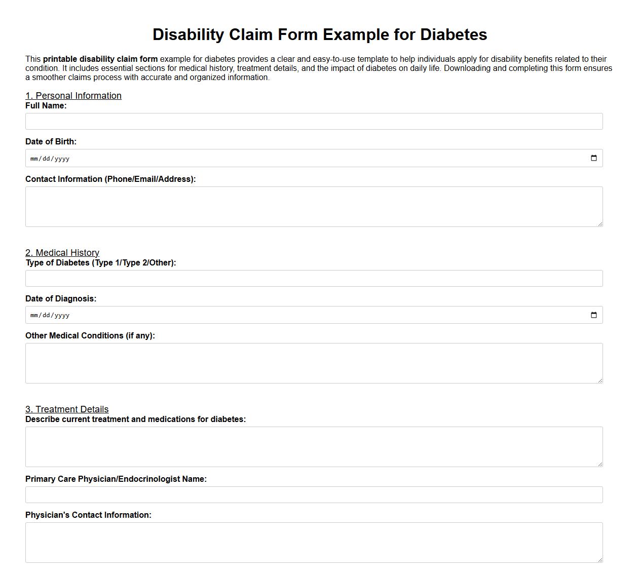 Printable disability claim form example for diabetes image preview