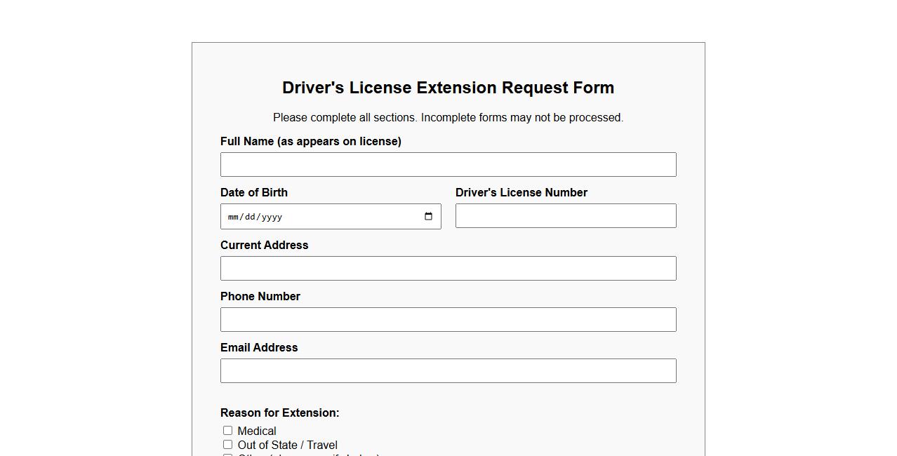 printable driver's license extension form example image preview