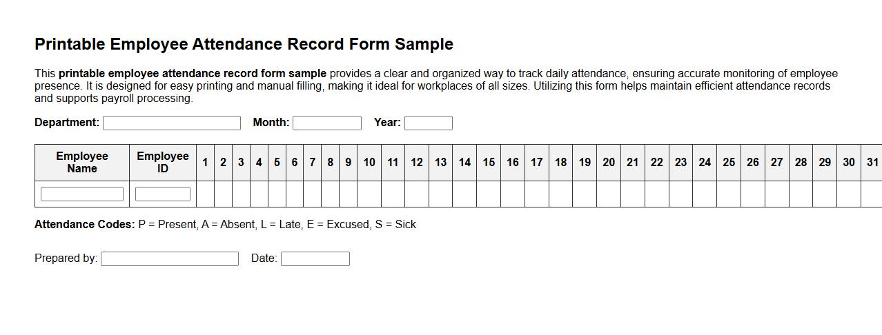 Printable employee attendance record form sample image preview