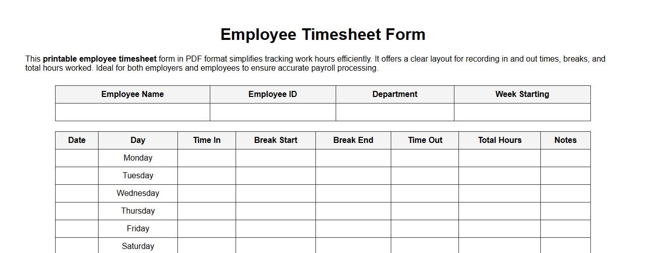 Printable employee timesheet form sample PDF image preview