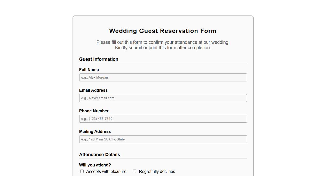 printable guest reservation form sample for weddings image preview
