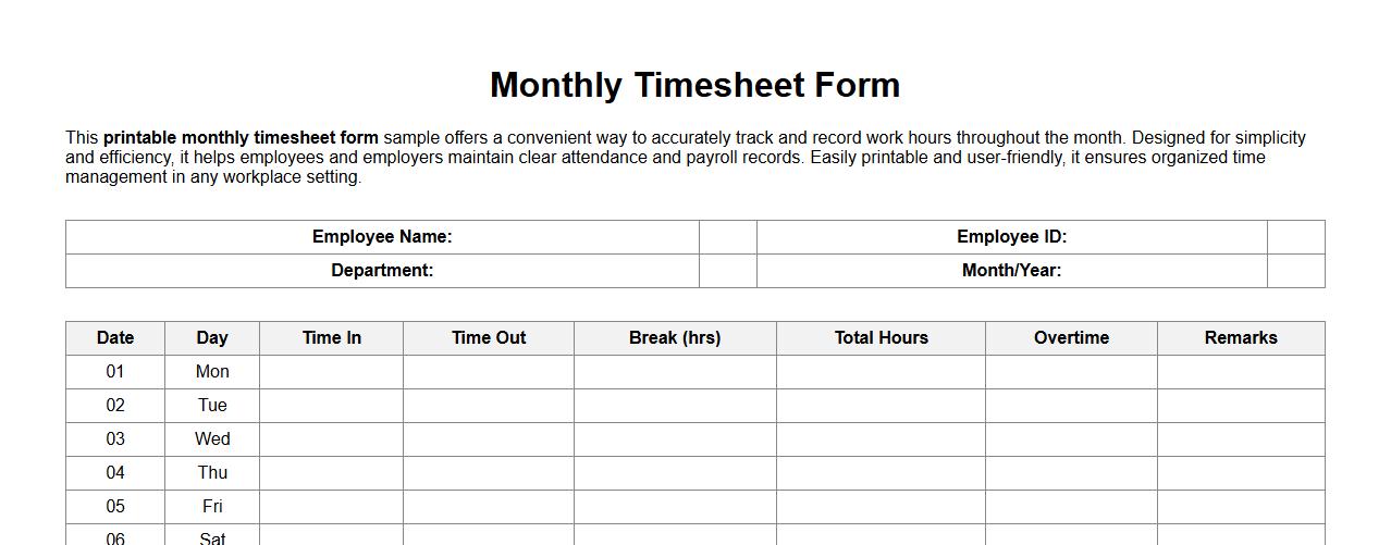 printable monthly timesheet form sample image preview