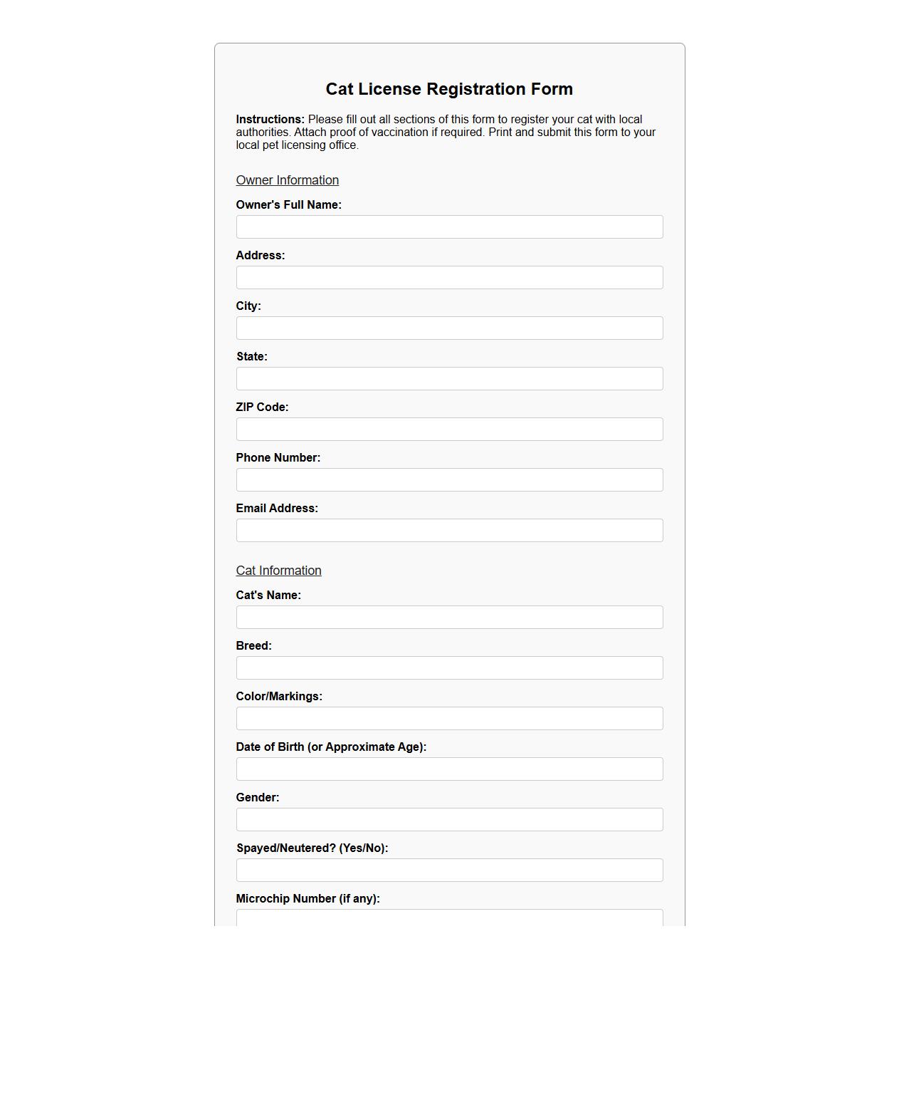 printable pet license registration form sample for cats image preview