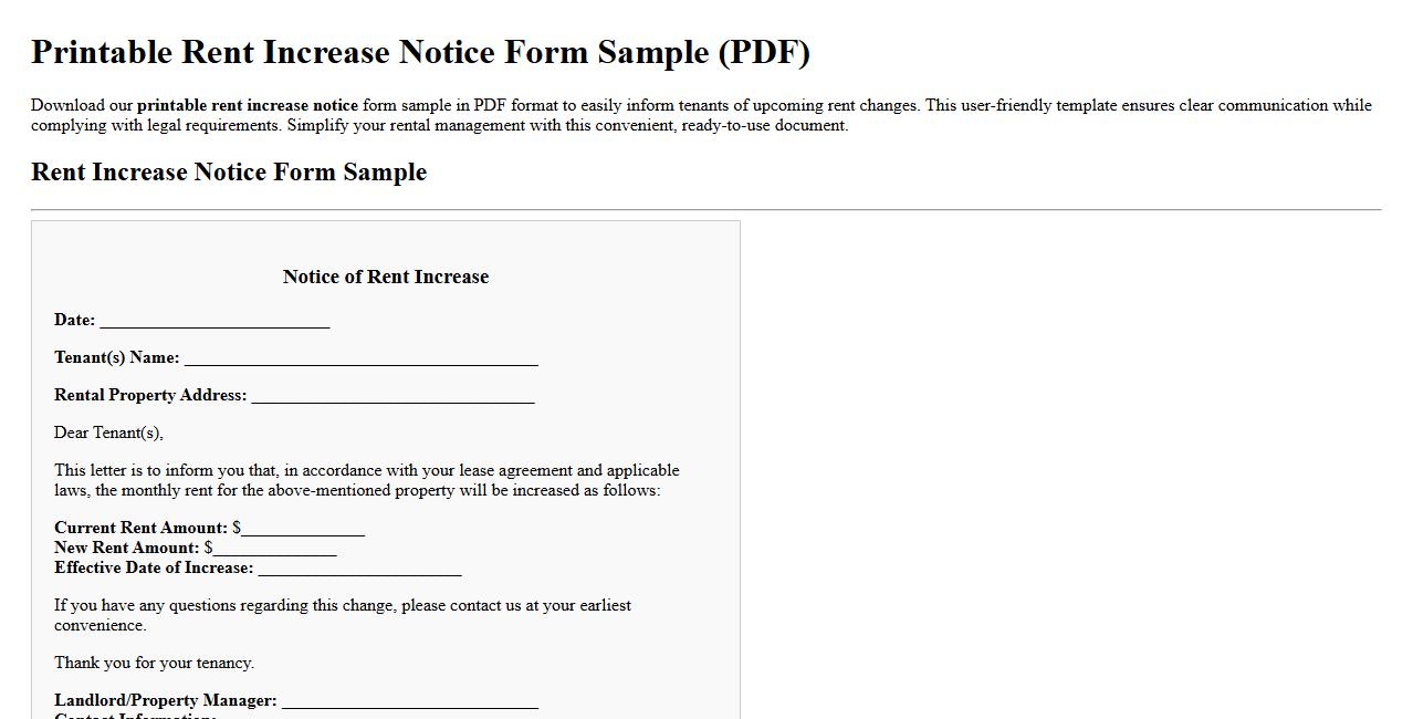 printable rent increase notice form sample pdf image preview