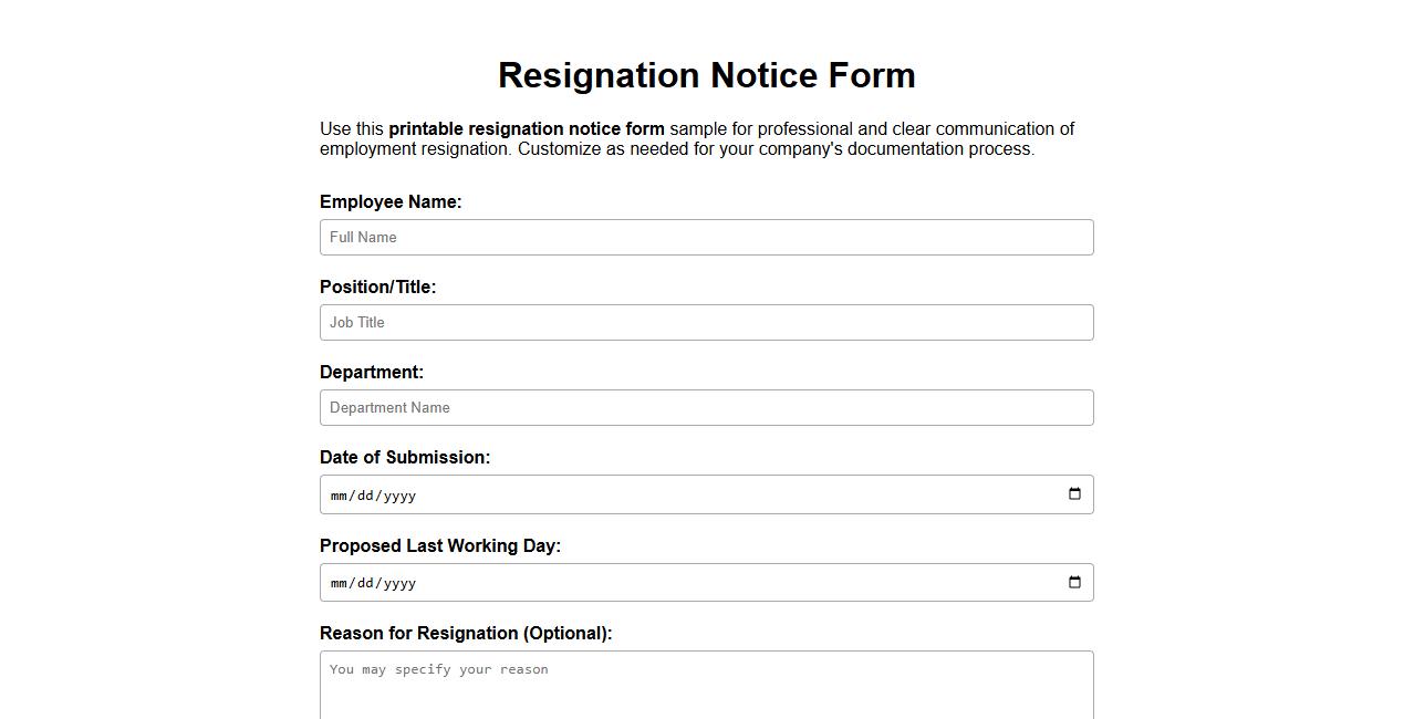 Printable resignation notice form sample for company use image preview