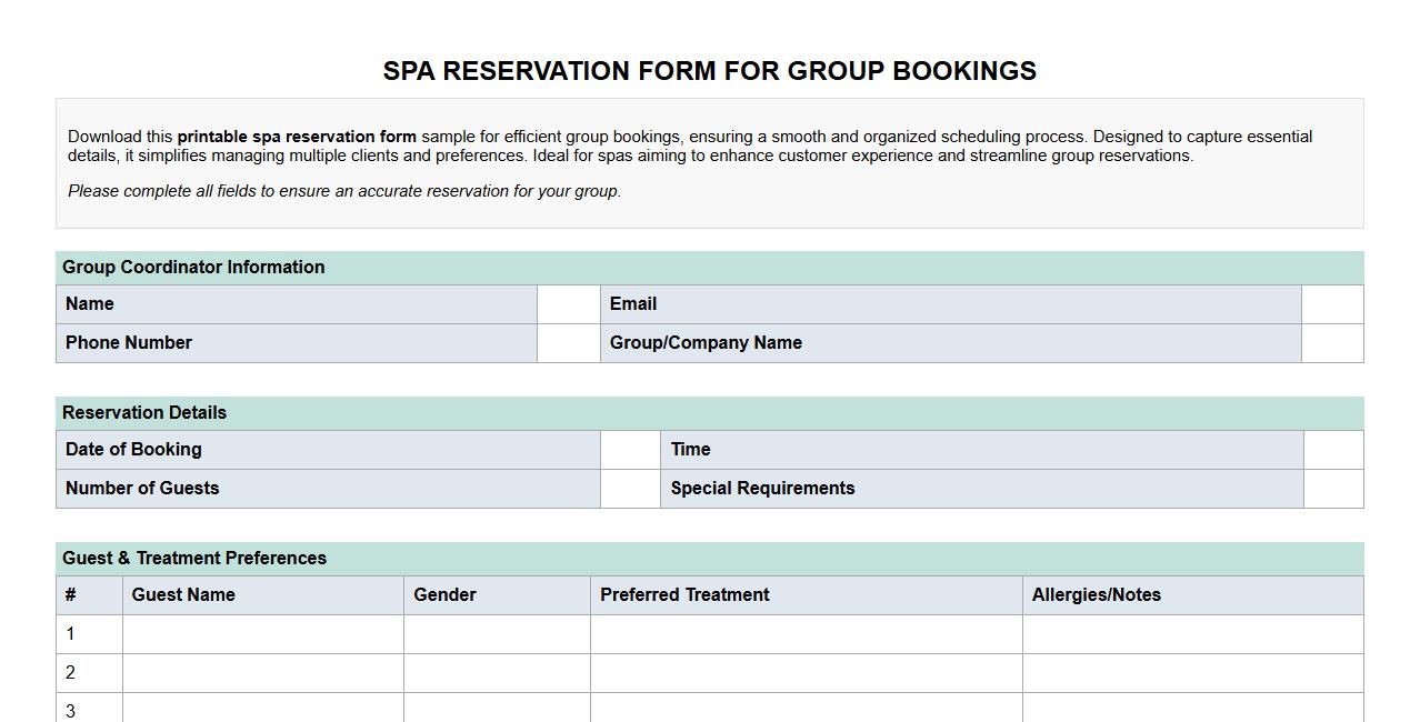 printable spa reservation form sample for group bookings image preview