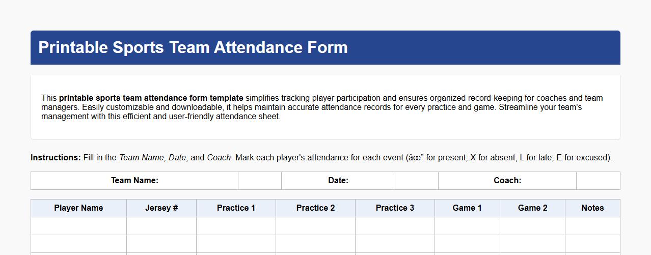 Printable sports team attendance form template image preview