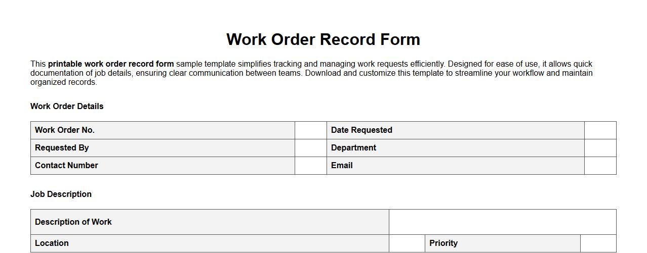 printable work order record form sample template image preview