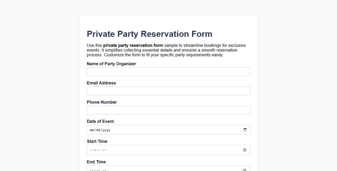 Private party reservation form sample image preview