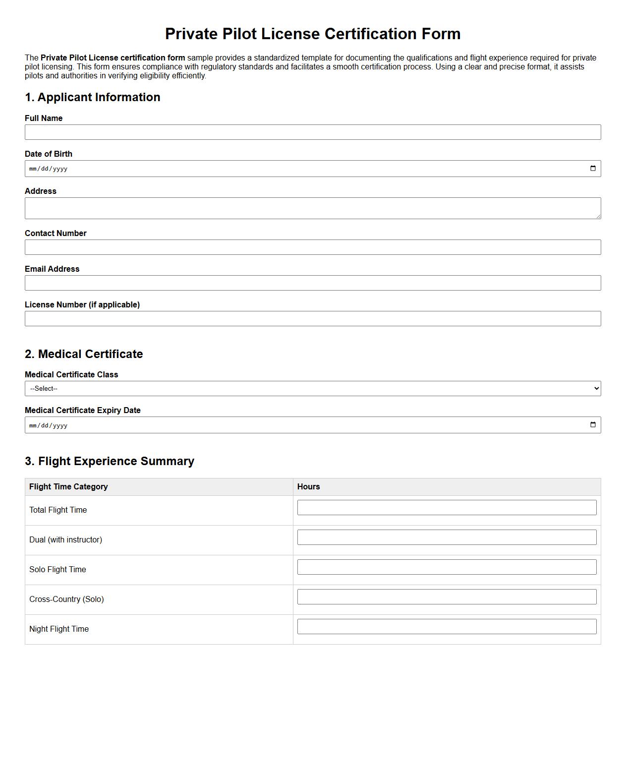 Private pilot license certification form sample image preview