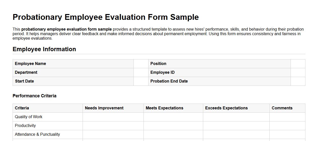 Probationary employee evaluation form sample image preview