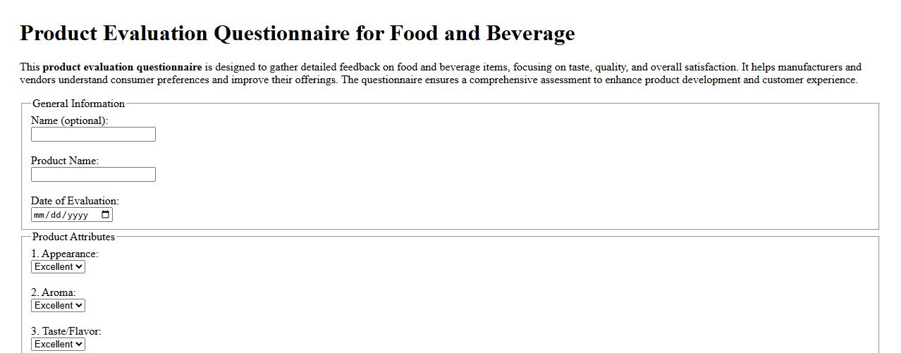 Product evaluation questionnaire for food and beverage image preview