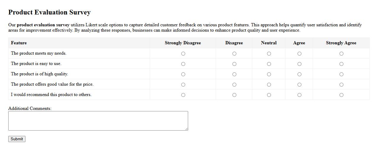product evaluation survey with Likert scale options image preview