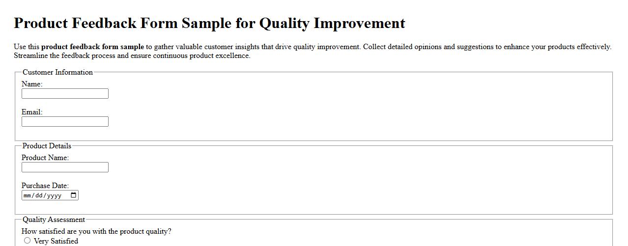 Product feedback form sample for quality improvement image preview