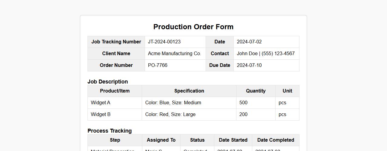 production order form sample with job tracking number image preview