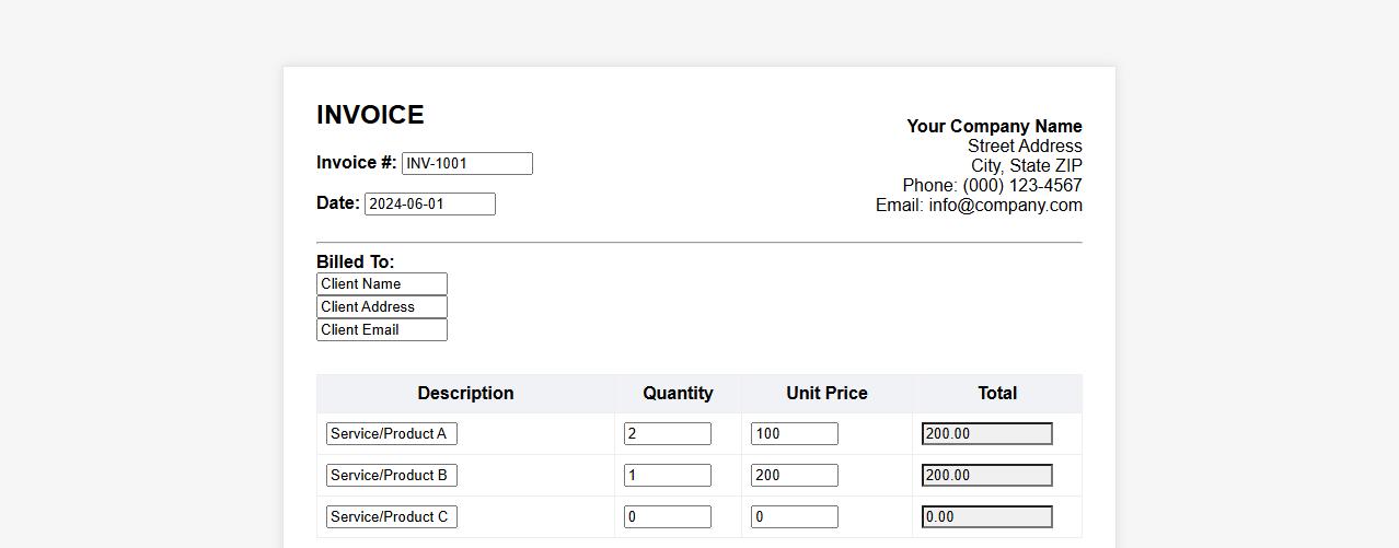 Professional invoice template with automatic tax calculation image preview
