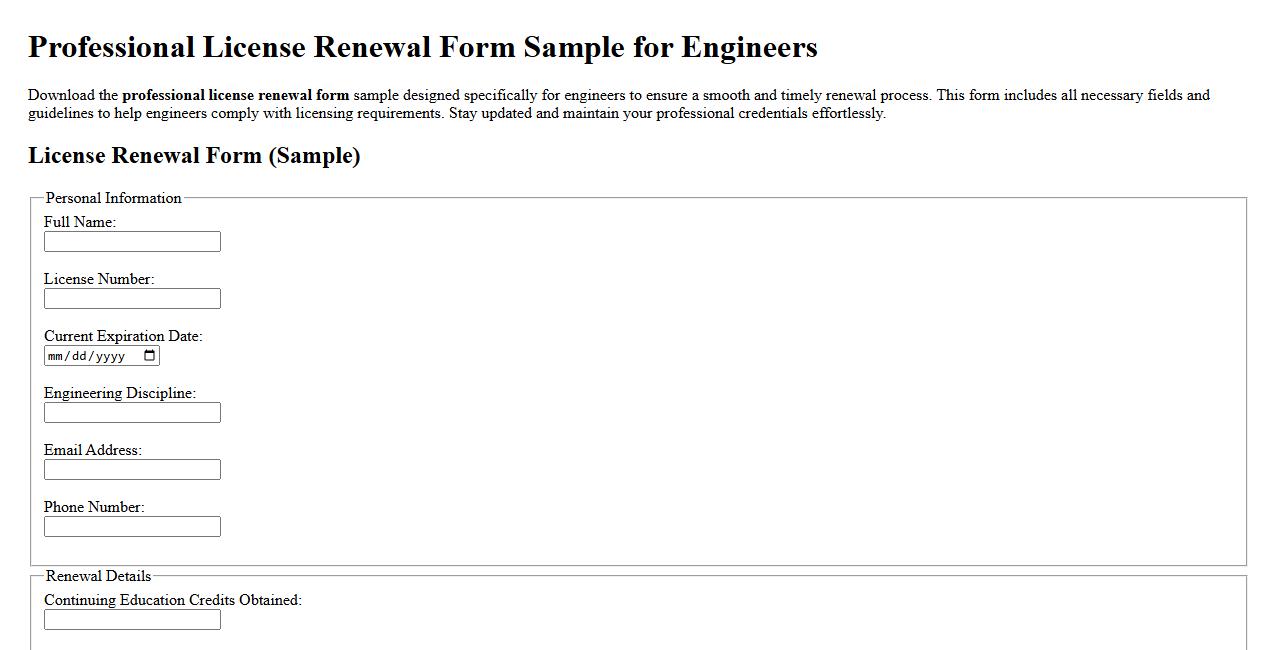 Professional license renewal form sample for engineers image preview