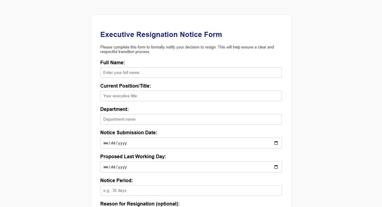 Professional resignation notice form sample for executives image preview