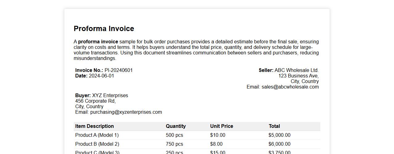 Proforma invoice sample for bulk order purchases image preview