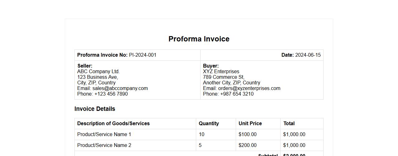 Proforma invoice template for advance payment image preview