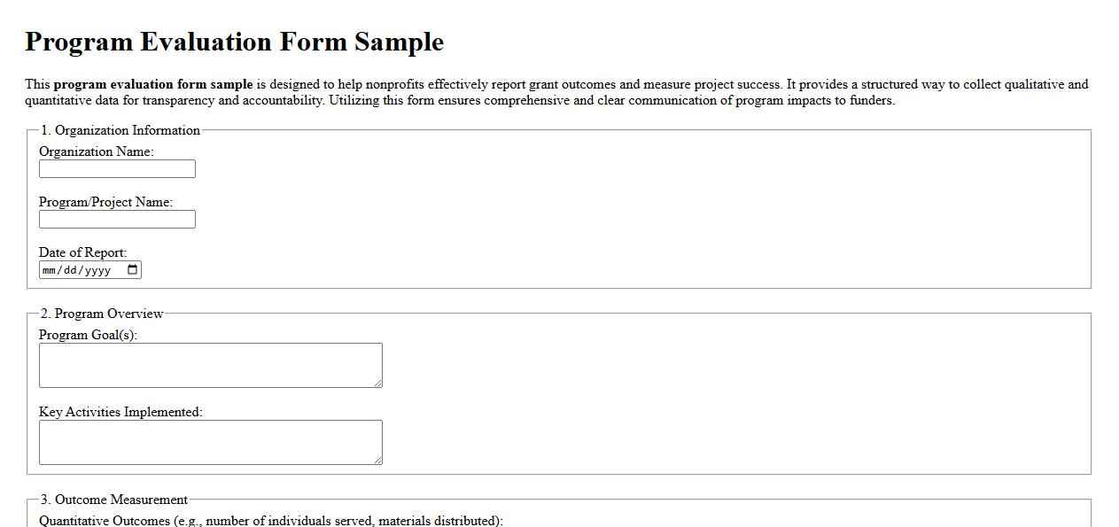 Program evaluation form sample for nonprofit grant reporting image preview