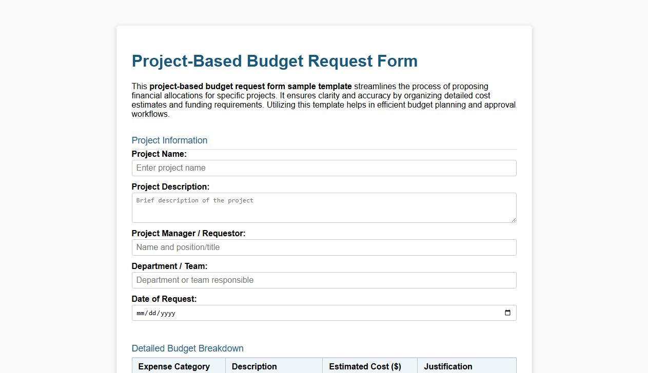 project-based budget request form sample template image preview