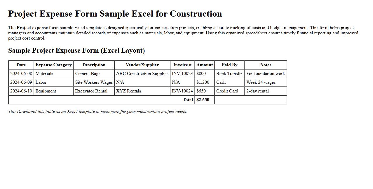 Project expense form sample Excel for construction image preview