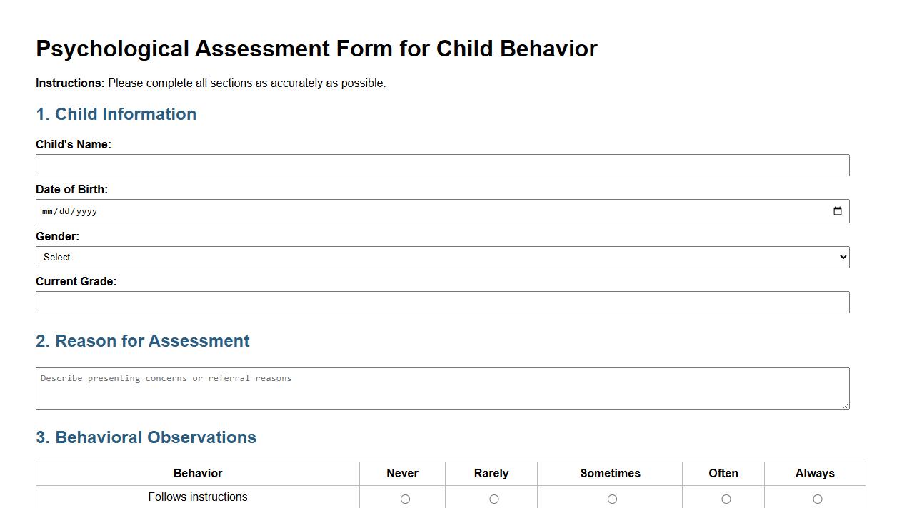 Psychological assessment form sample for child behavior image preview