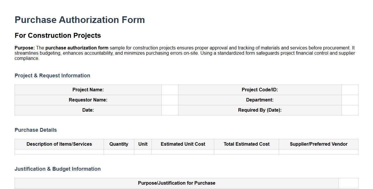 Purchase authorization form sample for construction projects image preview
