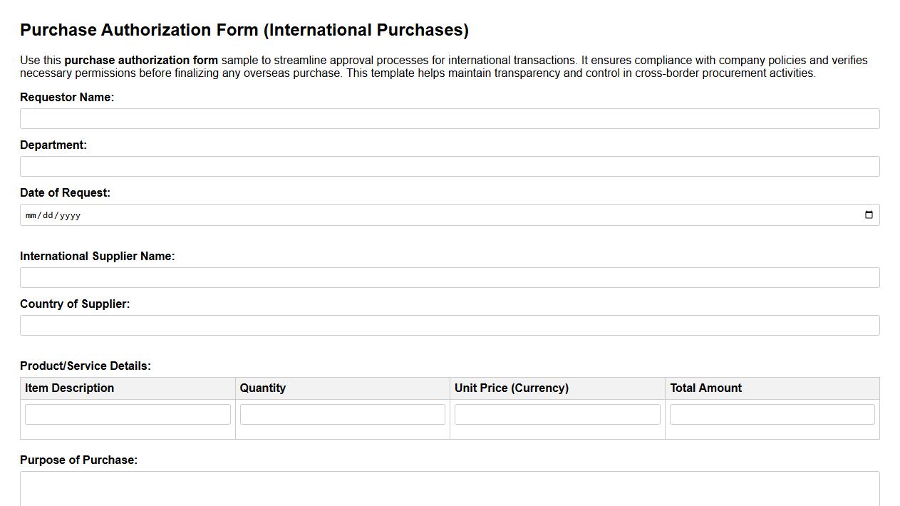 Purchase authorization form sample for international purchases image preview