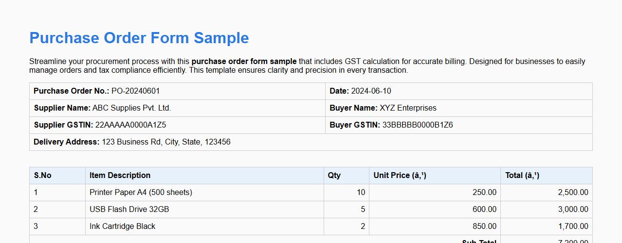 Purchase order form sample with GST calculation image preview