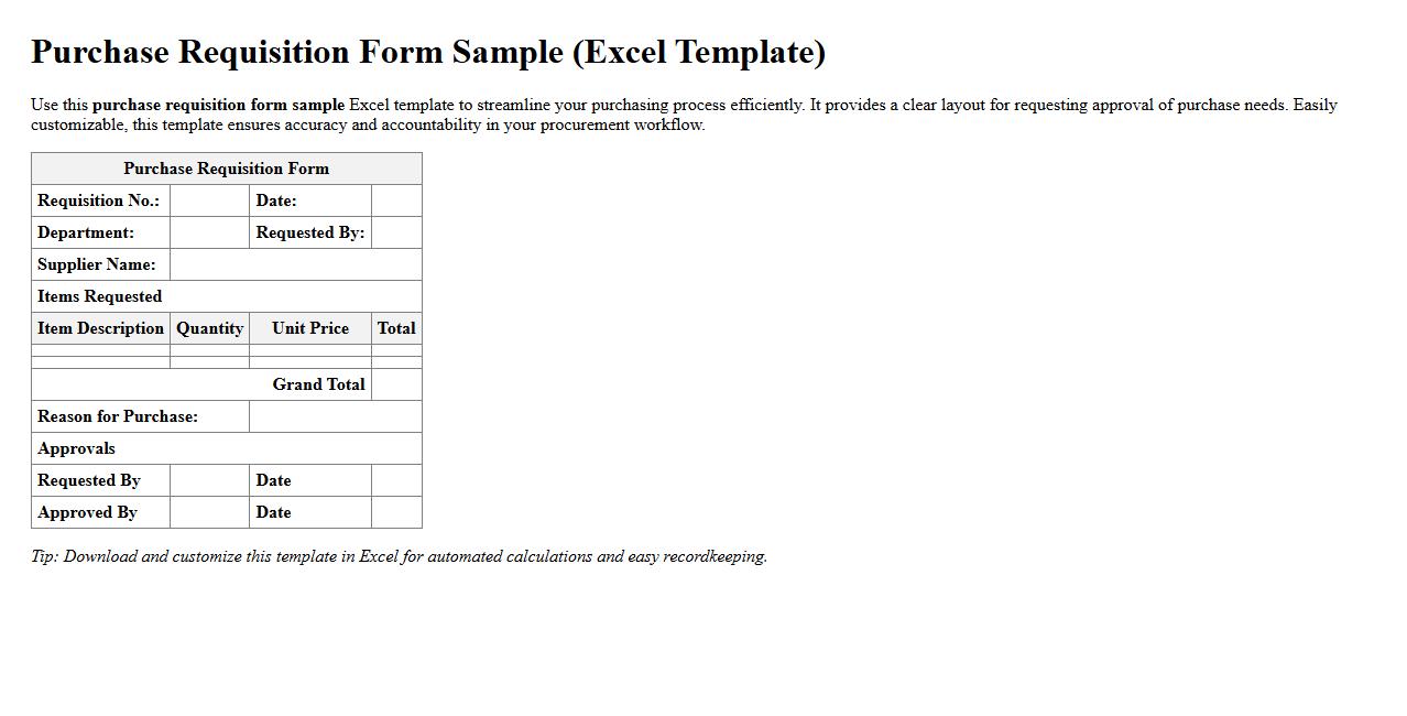 purchase requisition form sample excel template image preview