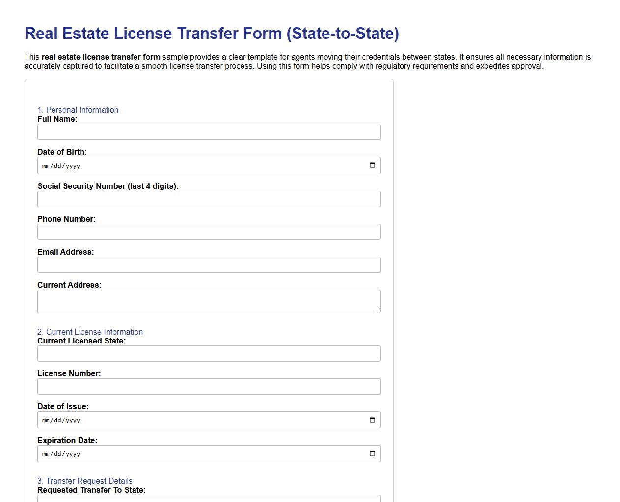 Real estate license transfer form sample between states image preview