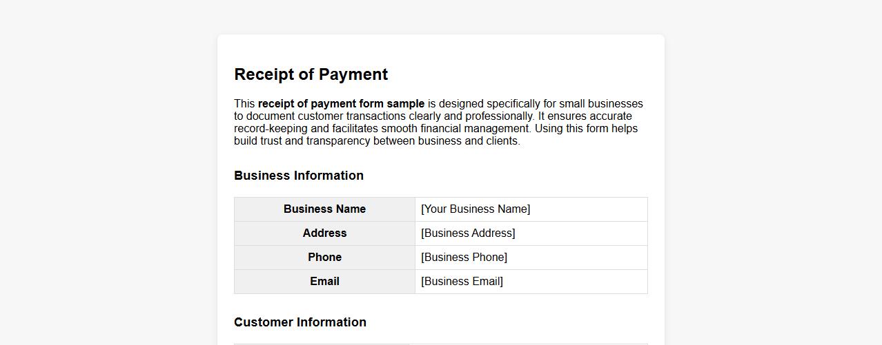 Receipt of payment form sample for small business image preview