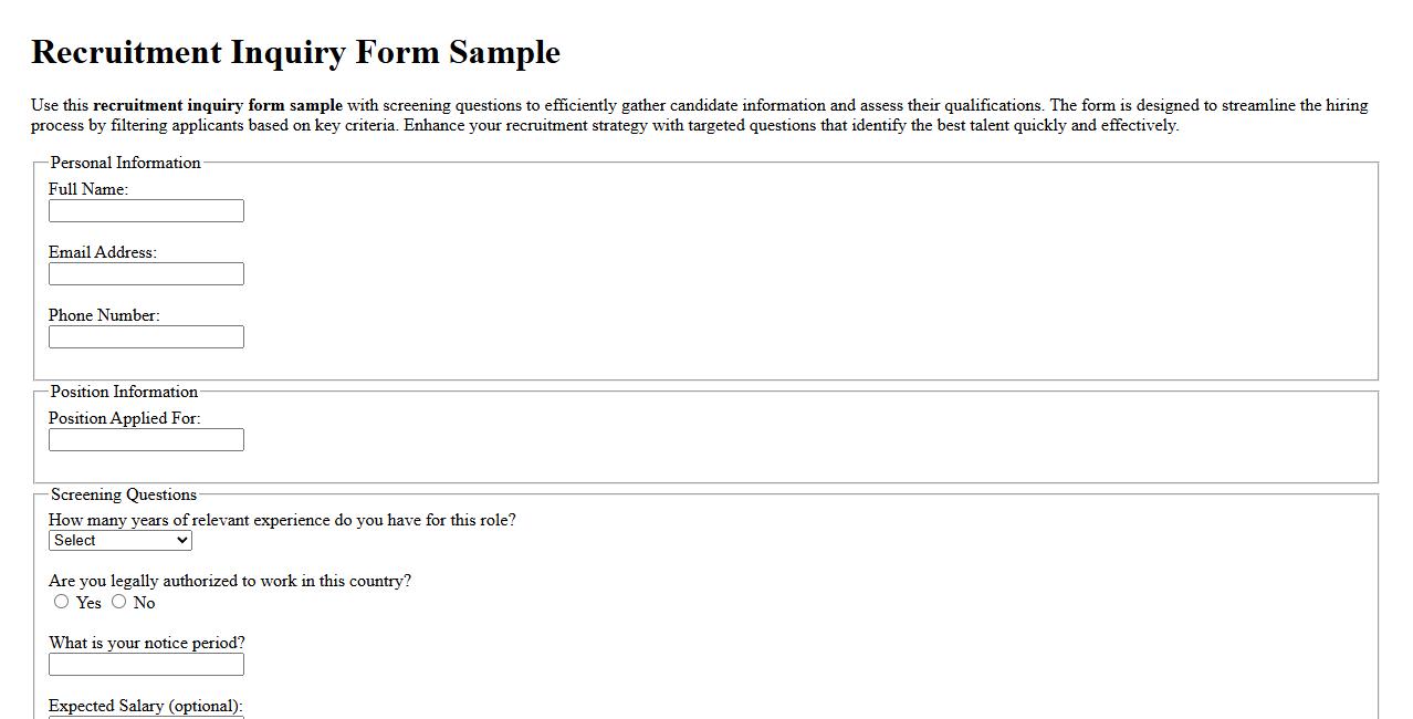 Recruitment inquiry form sample with screening questions image preview