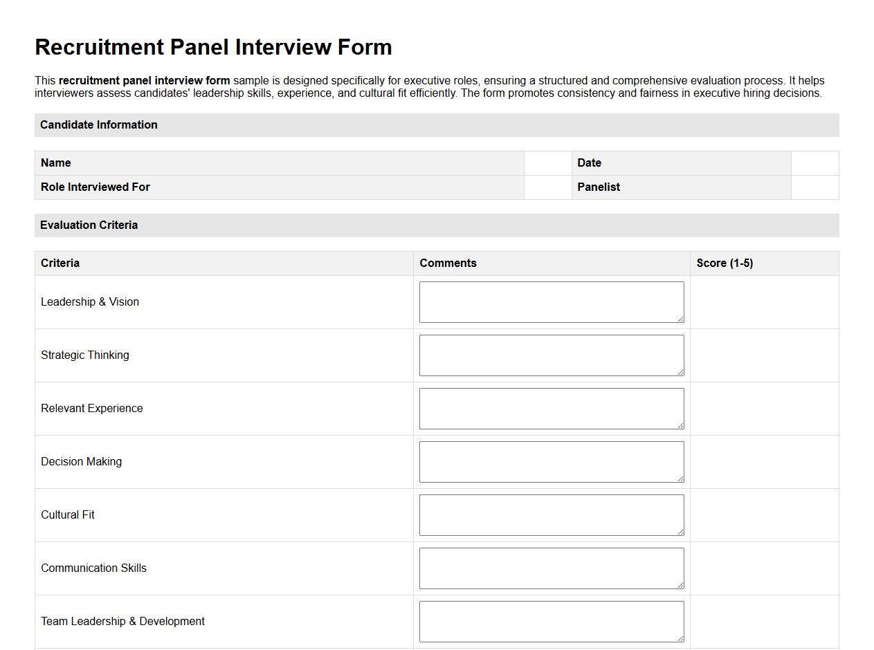Recruitment panel interview form sample for executive roles image preview