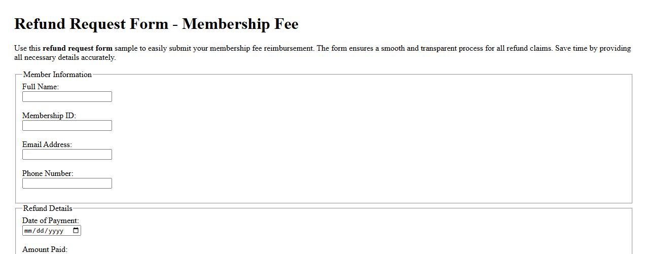 Refund request form sample for membership fee image preview