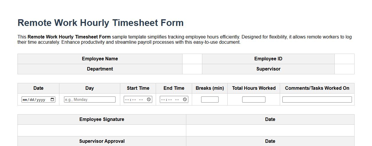 Remote work hourly timesheet form sample template image preview