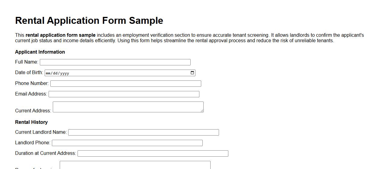 Rental application form sample with employment verification image preview